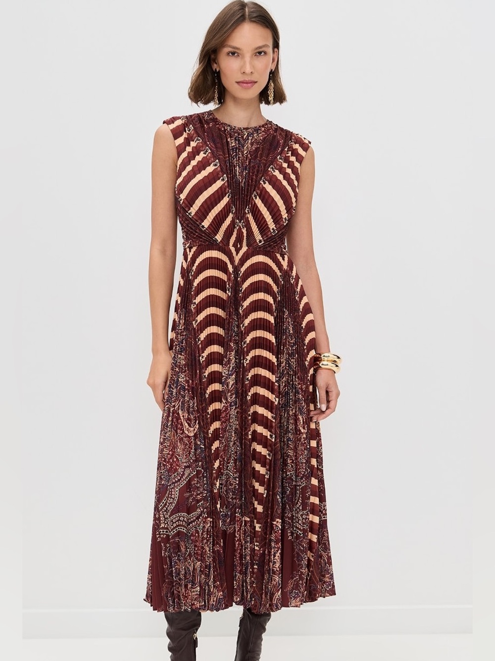 Ulla Johnson New with Tags Burgundy Violeta Pleated Midi Dress Size 10